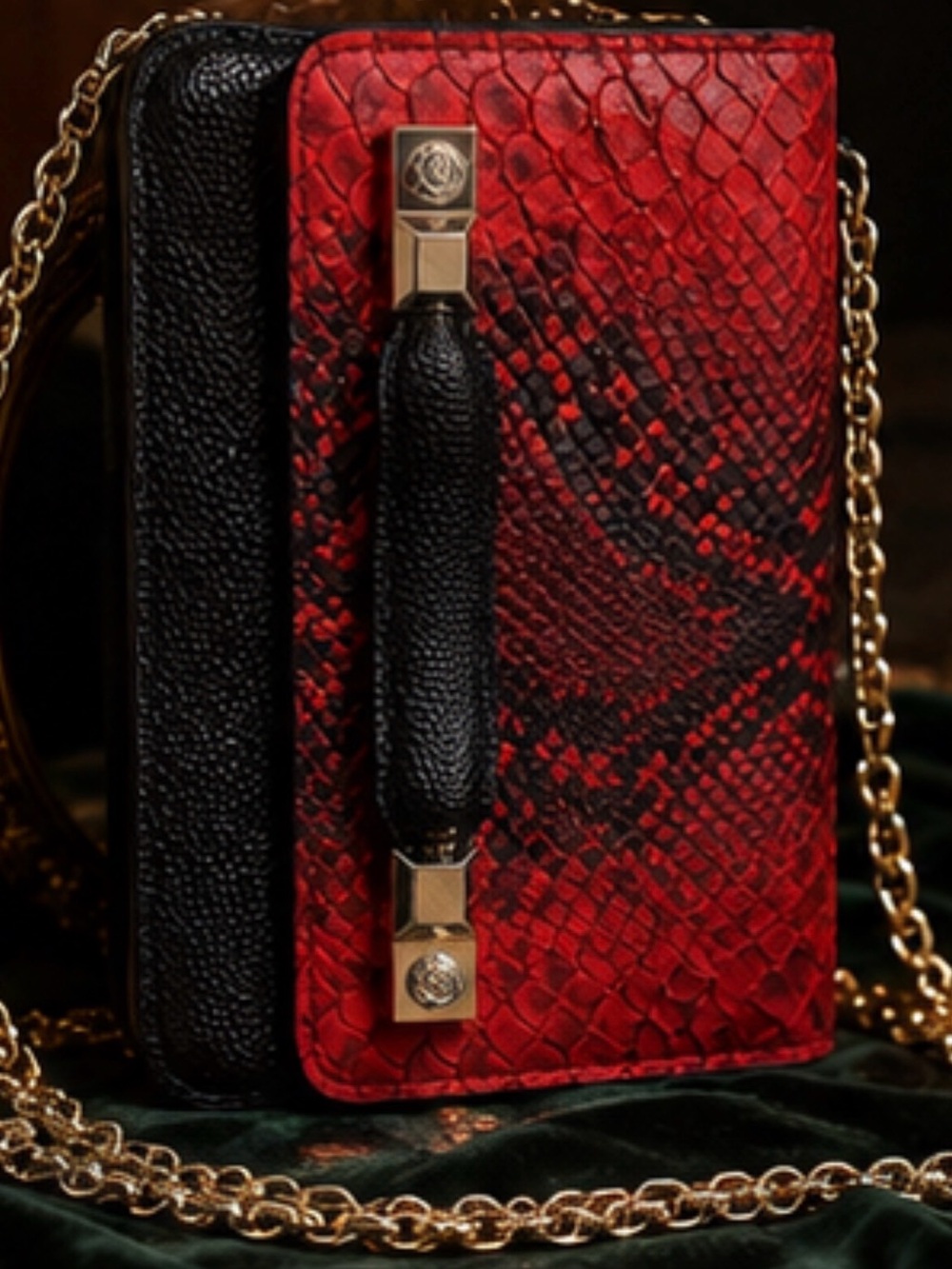 Henri Bendel Exotic Red and Black Snake-Embossed Clutch with Gold Hardware - Picture 7 of 13